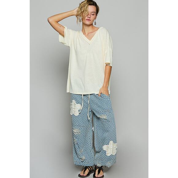 POL V-Neckline Short Sleeves Roomy Fit Stone Washed Knit T-Shirt | Lilac - Picture 5 of 6